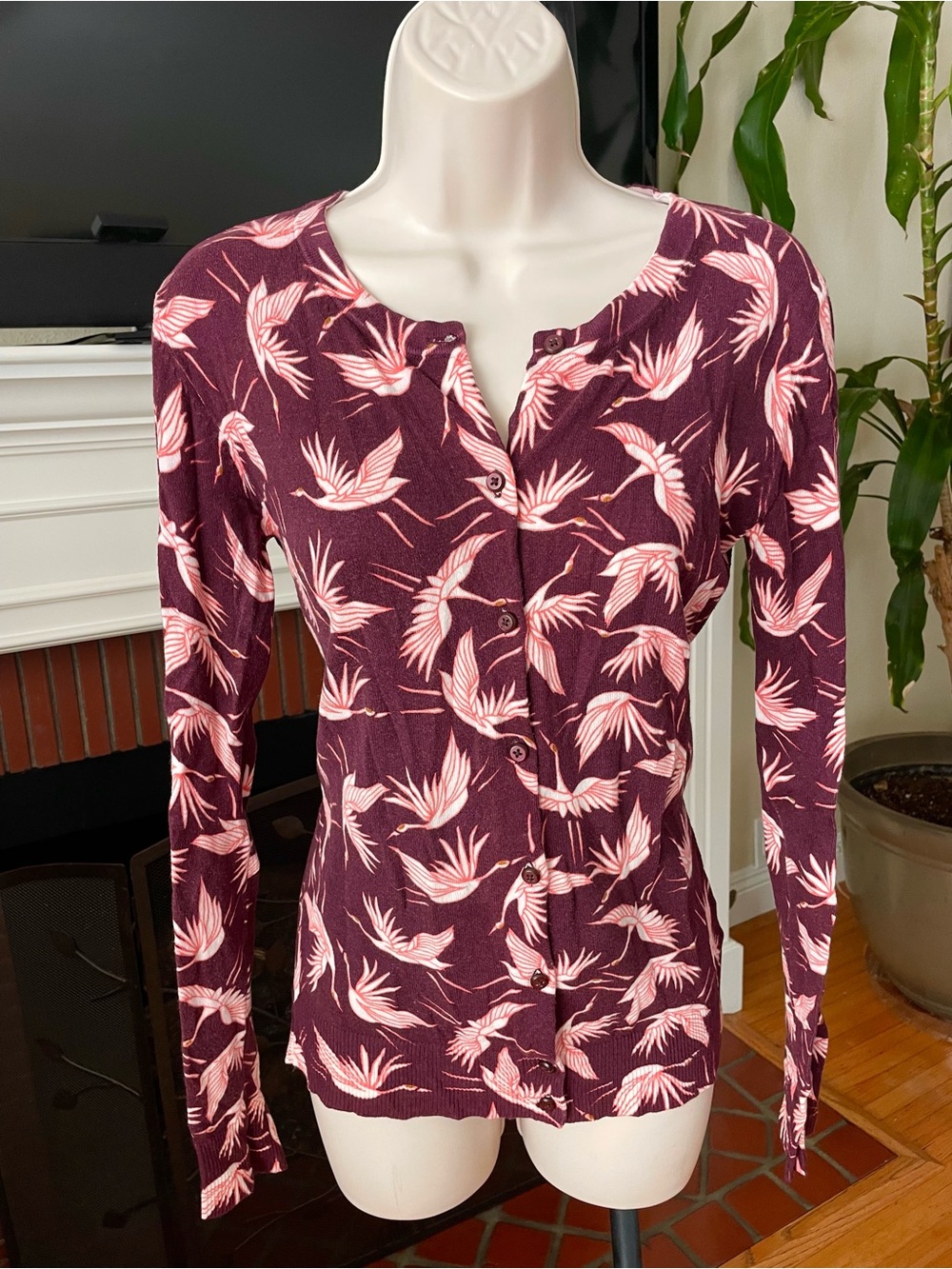 A New Day Purple/Burgundy Exotic Birds Lightweight Cardigan Sweater XS